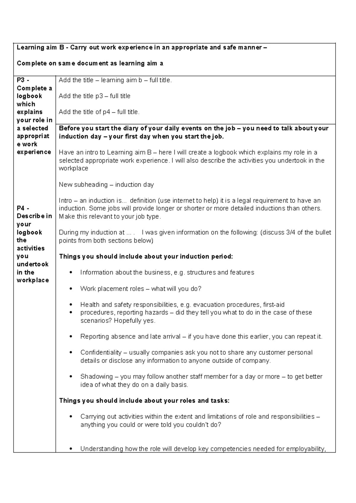 Unit 27: Work Experience in Business - P1, P2, M1, D1 Checklist - Studocu