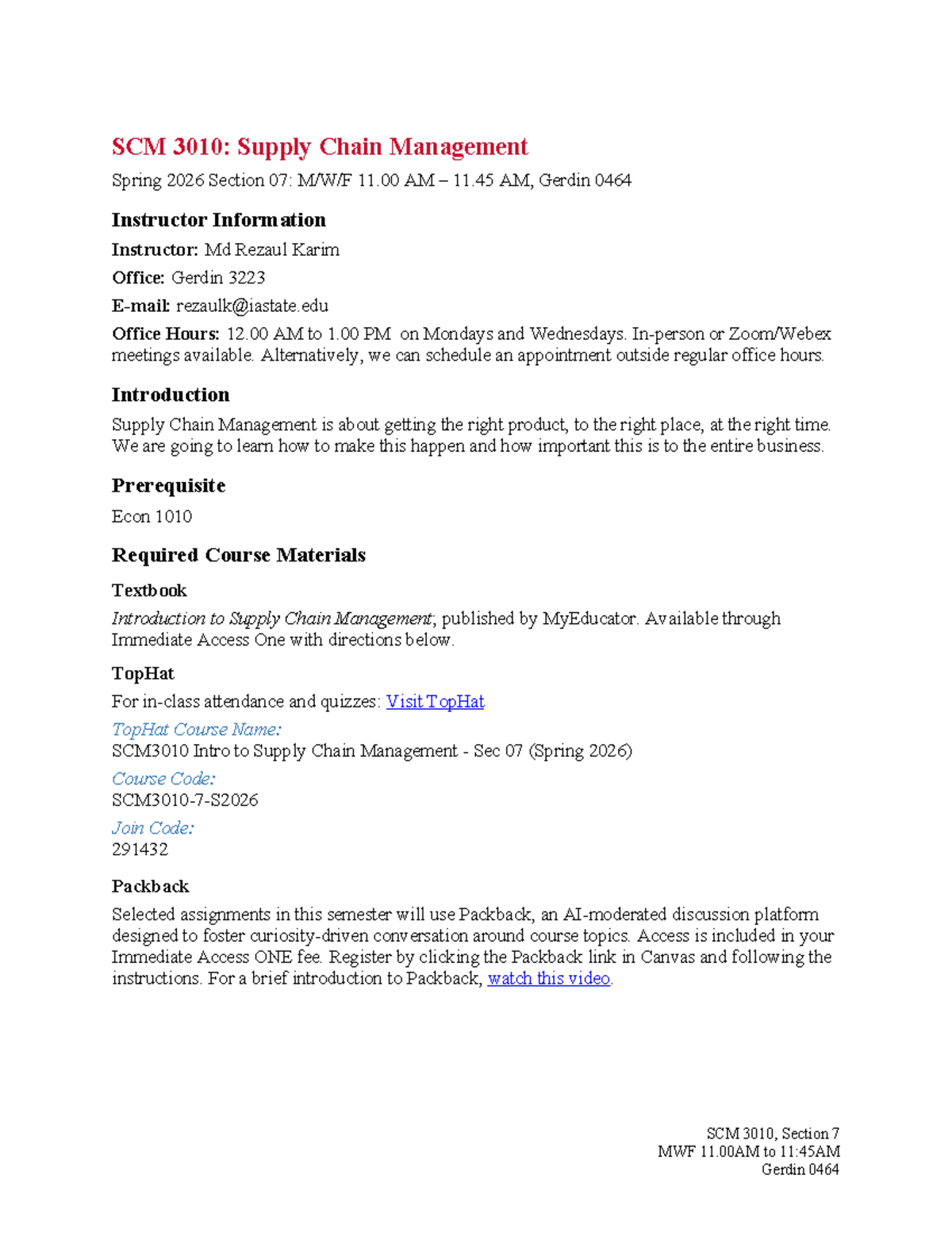 SCM 3010-7: Supply Chain Management Syllabus Spring 2026 - Studocu