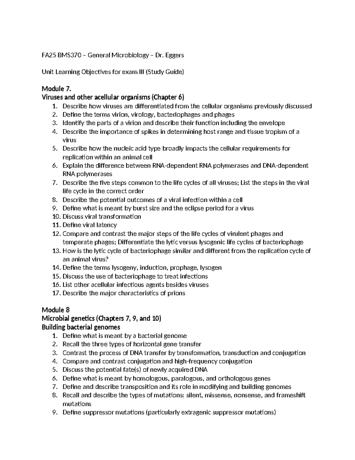 FA25 BMS370 General Microbiology Exam 3 Study Guide by Dr. Eggers - Studocu