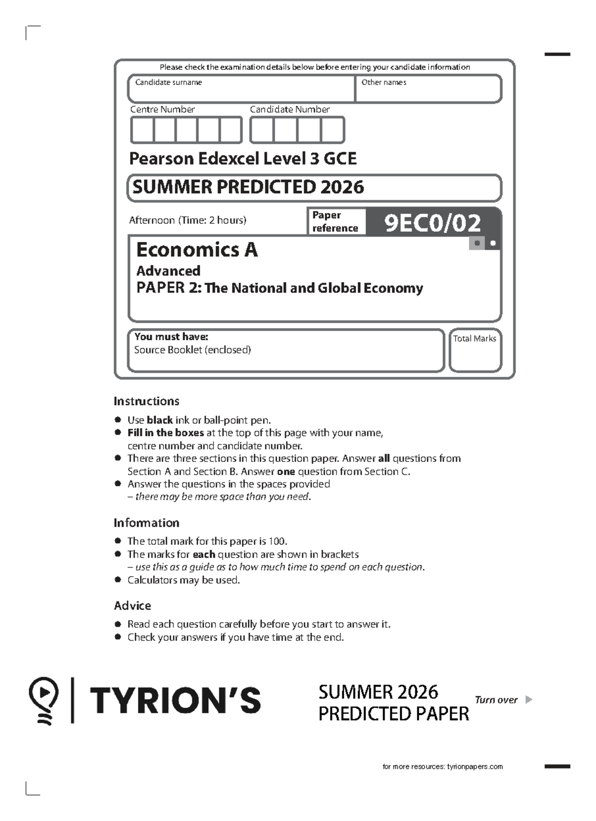 Edexcel A Level Economics Paper 2 Predicted Exam 2026 - Studocu