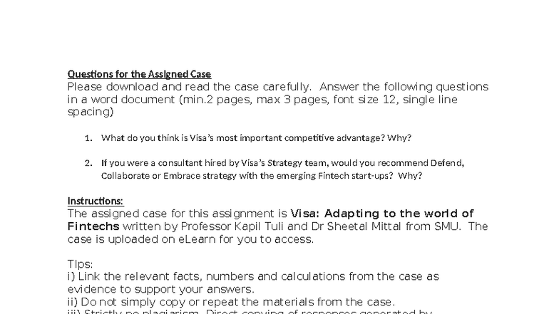 Visa Case Study Assignment: Competitive Strategies in Fintech - Studocu
