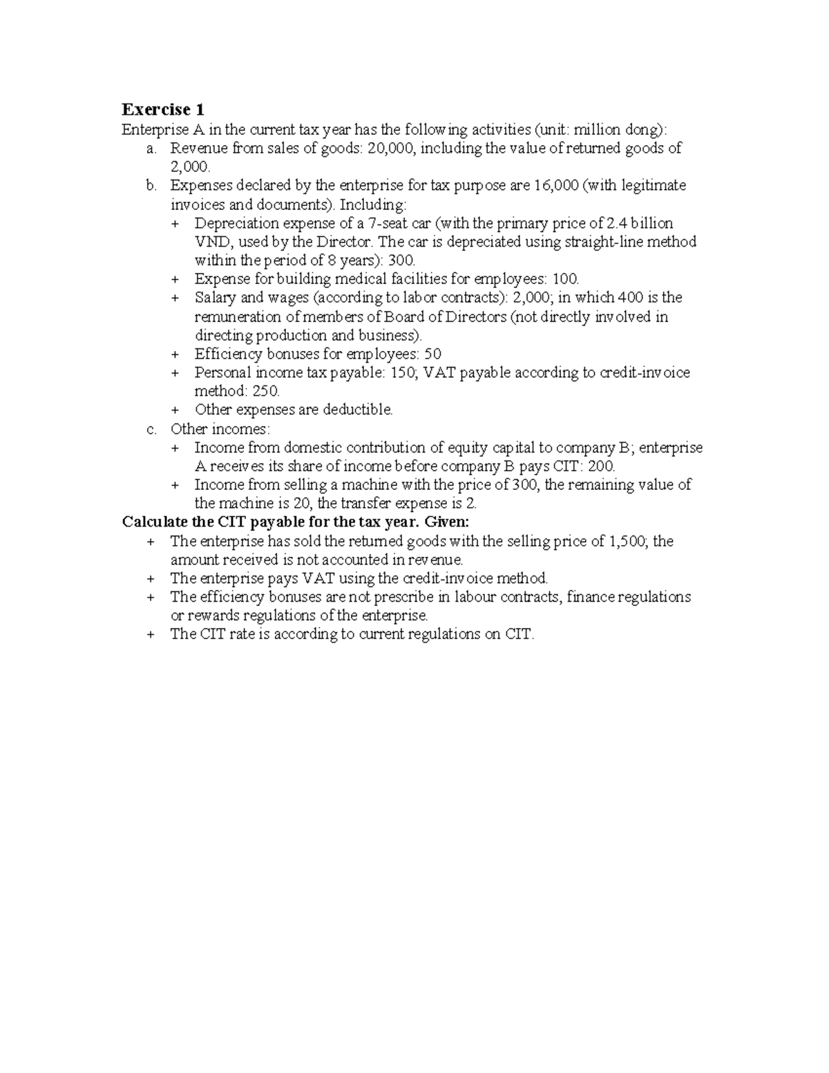 CIT Exercises: Tax Calculations and Case Studies for Practice - Studocu