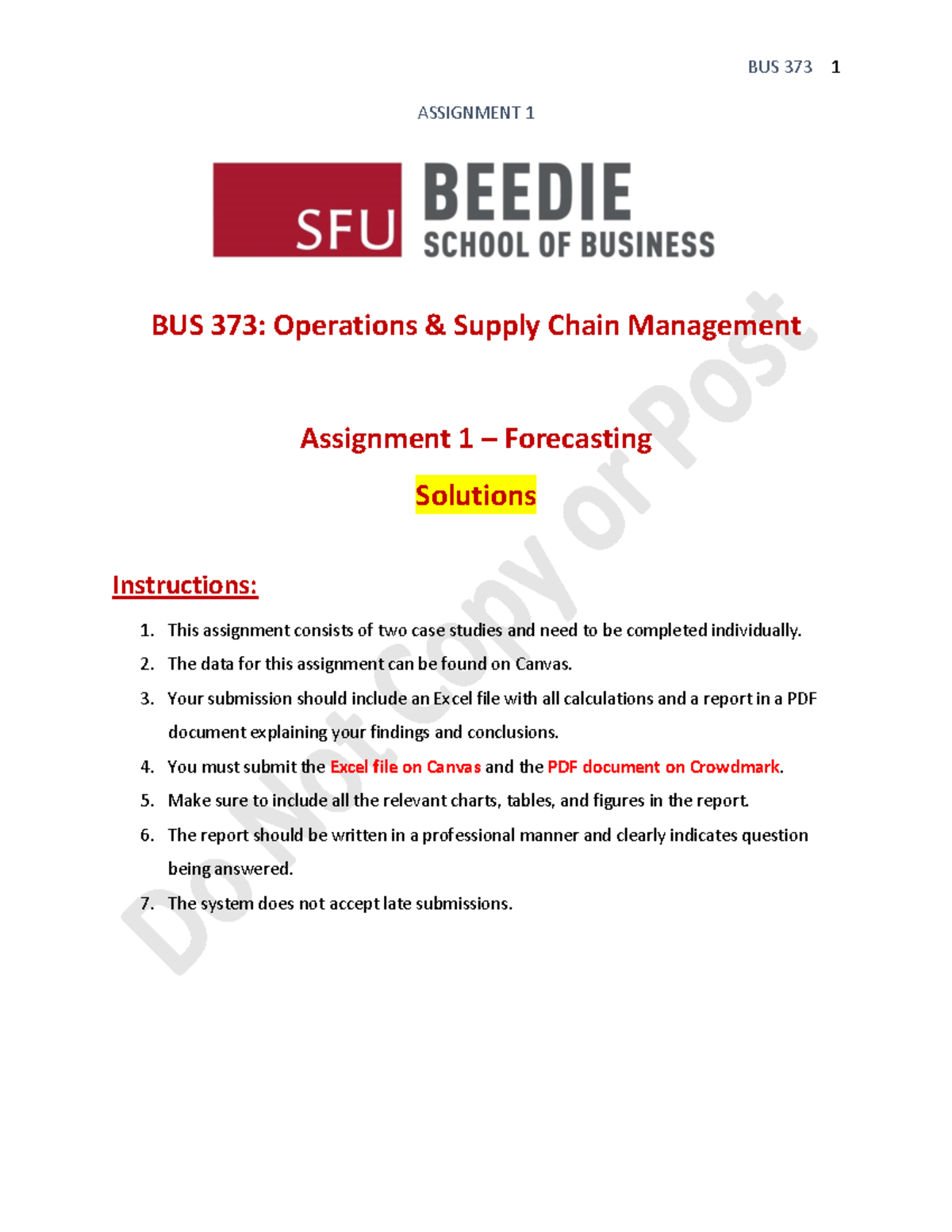 BUS 373: Assignment 1 - Forecasting Solutions for Supply
