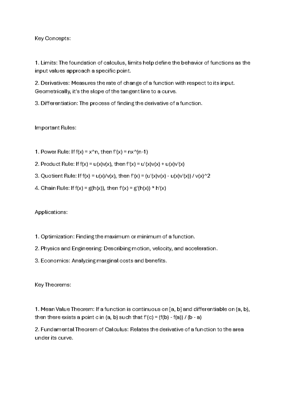 Calculus Concepts: Limits, Derivatives, and Differentiation Notes - Studocu