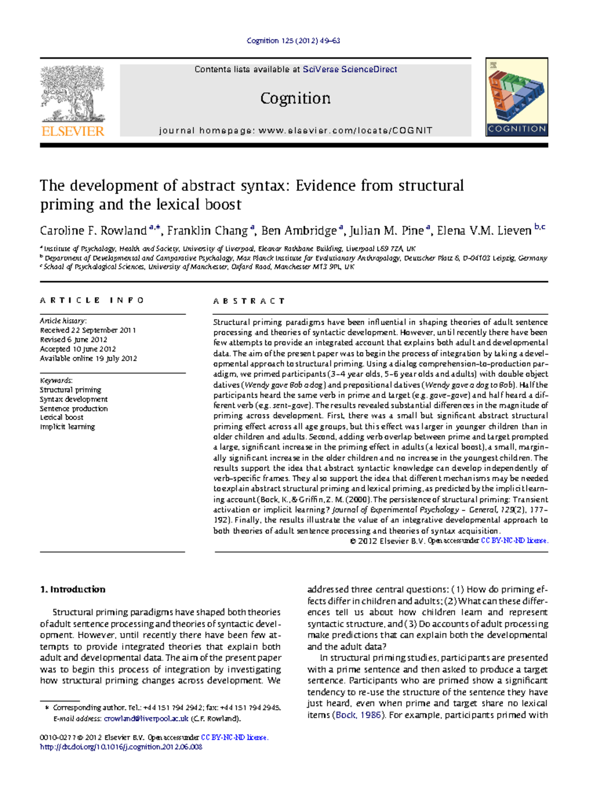 Cognition 125: The Development of Abstract Syntax and Structural ...