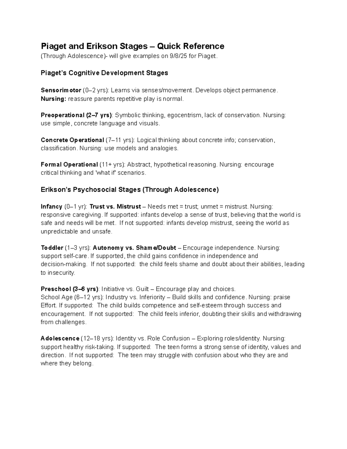 Piaget & Erikson Stages Quick Ref: Cognitive & Psychosocial Development ...