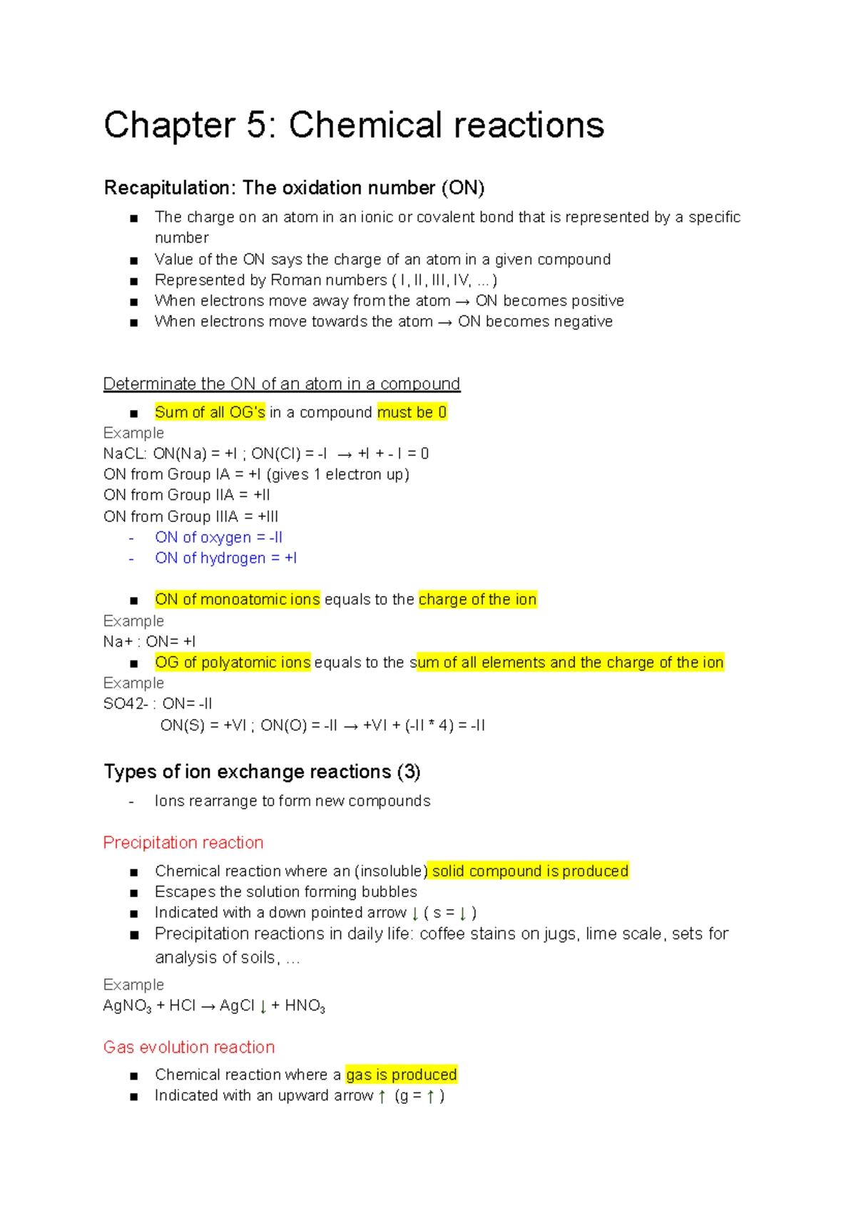 Chapter 5: Chemical Reactions Overview and Oxidation Numbers - Studocu