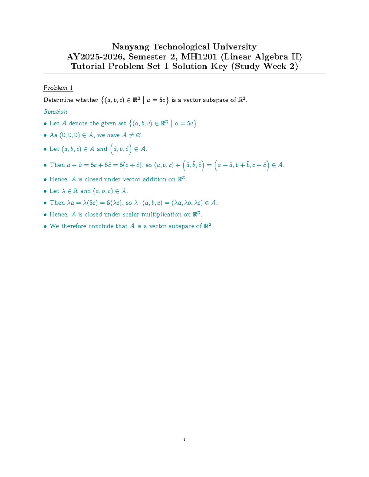 Tutorial Problem Set 1 Solutions for MH1201 (Linear Algebra II) - Studocu