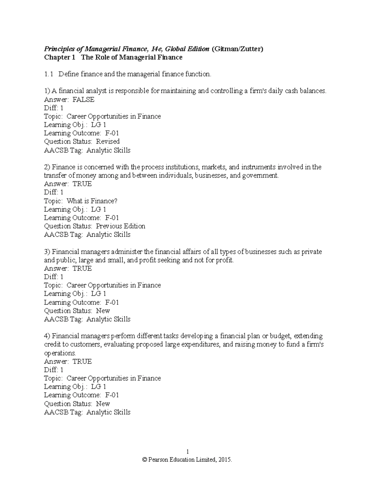 Ch 1 Test Bank: Principles of Managerial Finance (FIN 101) - Studocu