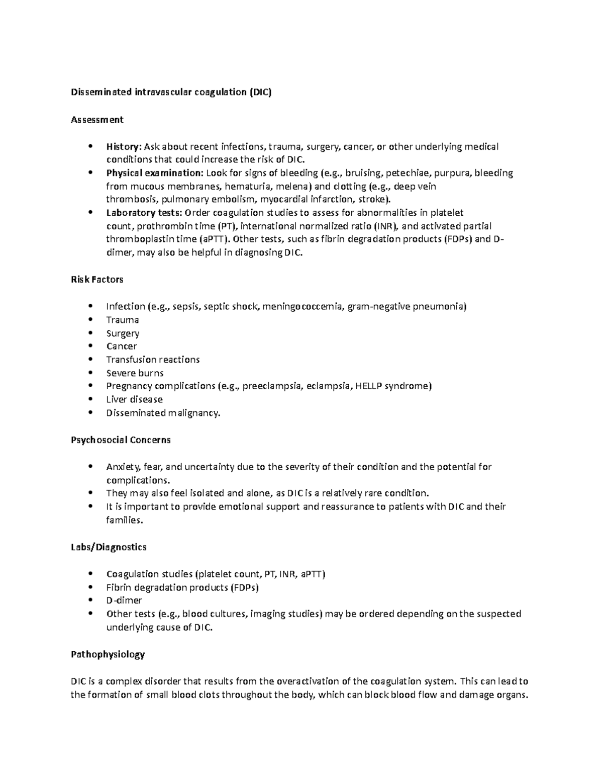DIC Assessment and Management: Comprehensive Nursing Guide - Studocu