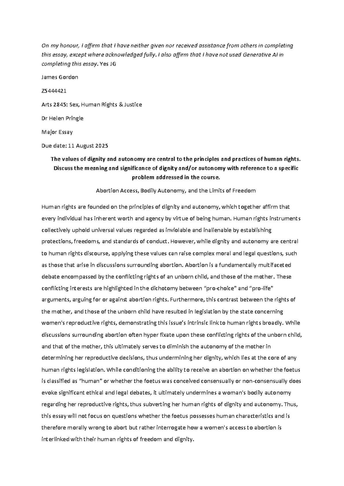 ARTS2845 - Major Essay on Dignity, Autonomy, and Abortion Rights - Studocu