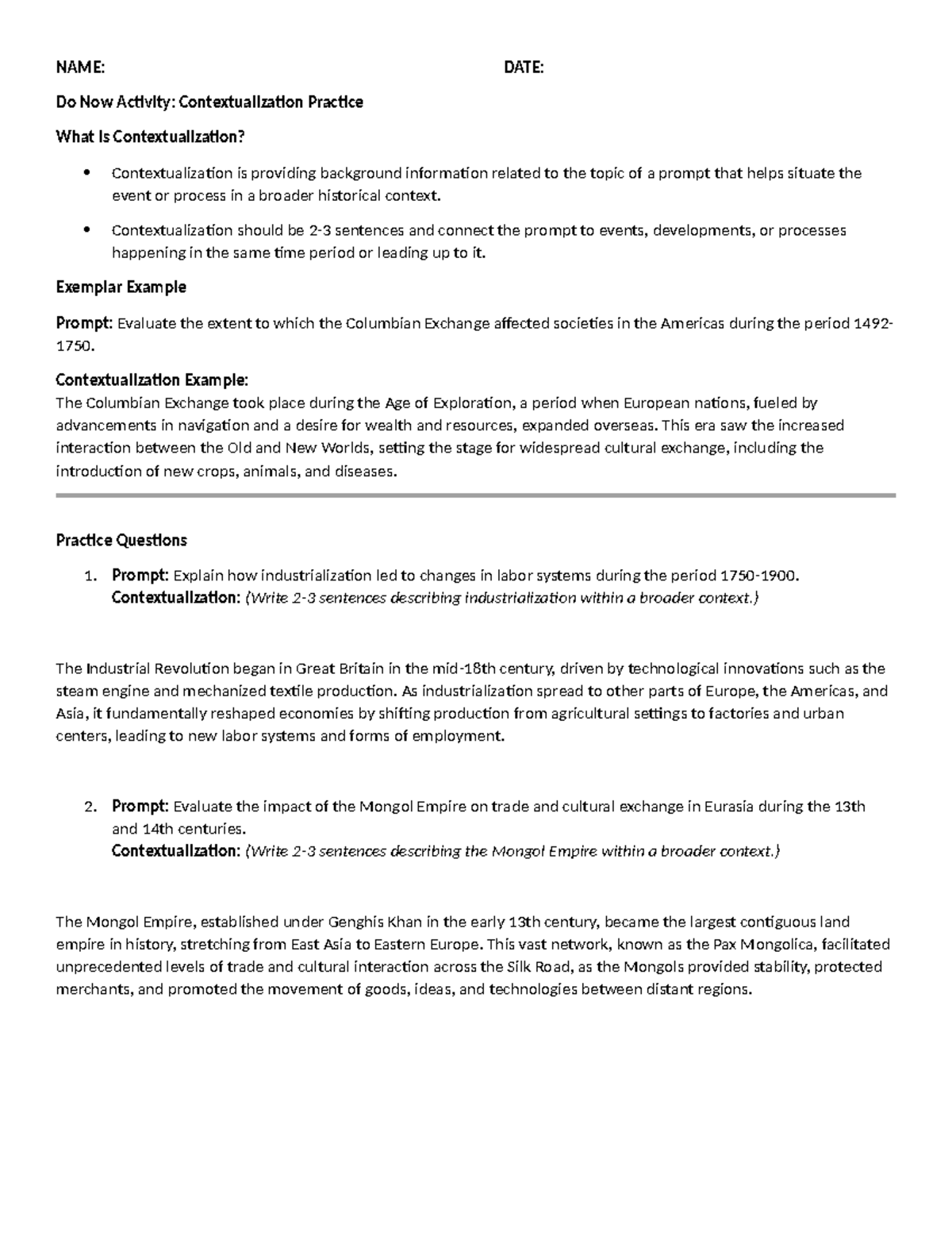 Contextualization Practice Notes for Hist 101 Students - Studocu