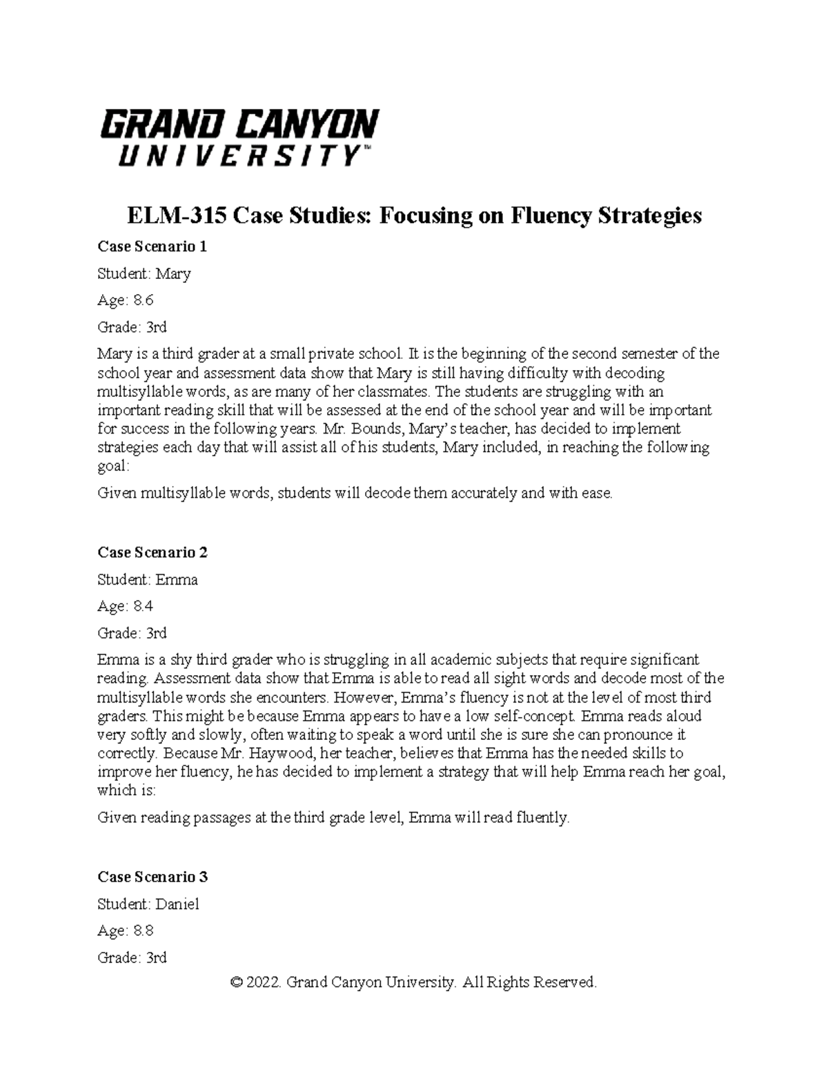 ELM-315 Case Studies on Fluency Strategies for 3rd Graders - Studocu