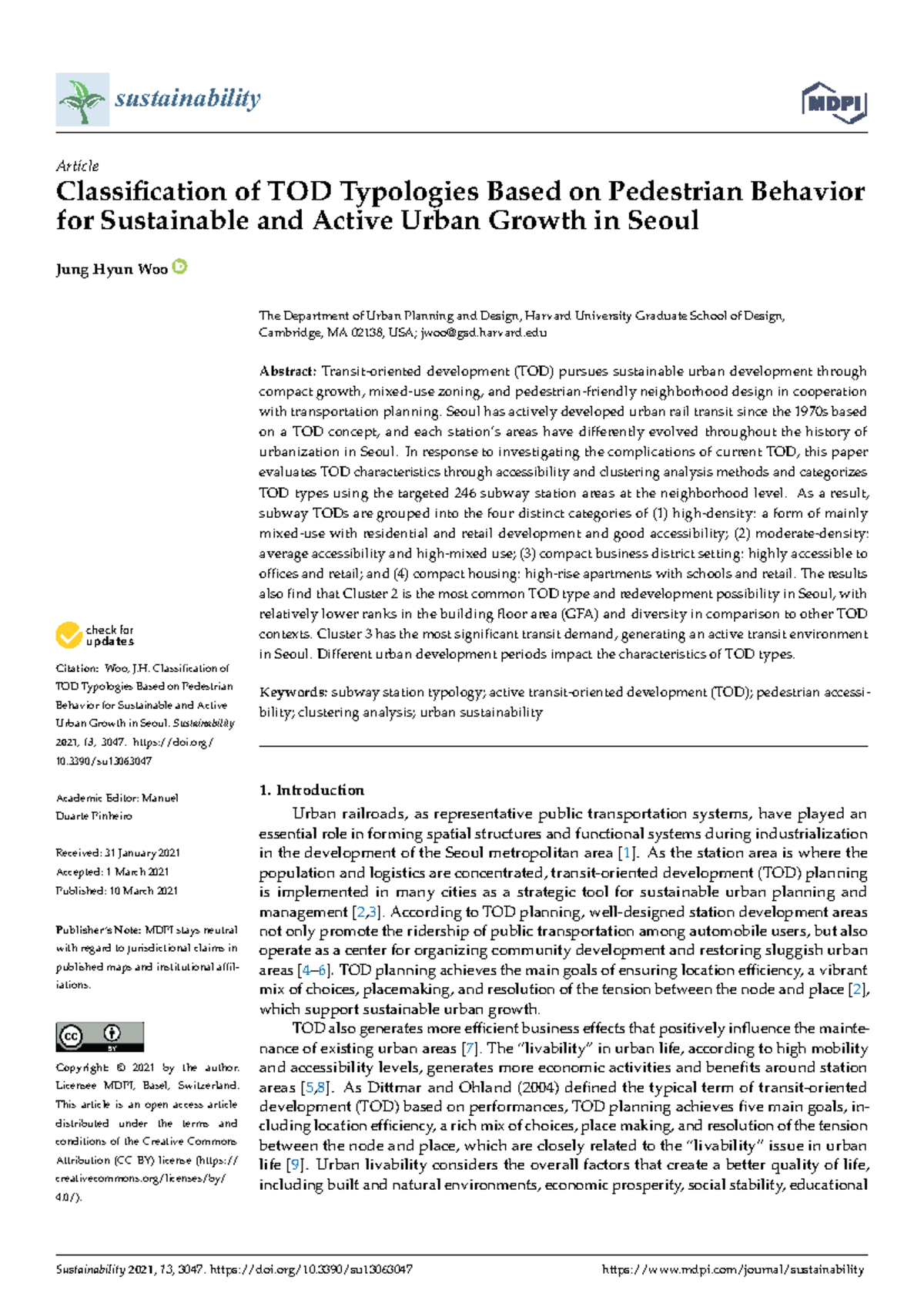 SUST 13: Classification of TOD Typologies in Seoul for Urban Growth ...