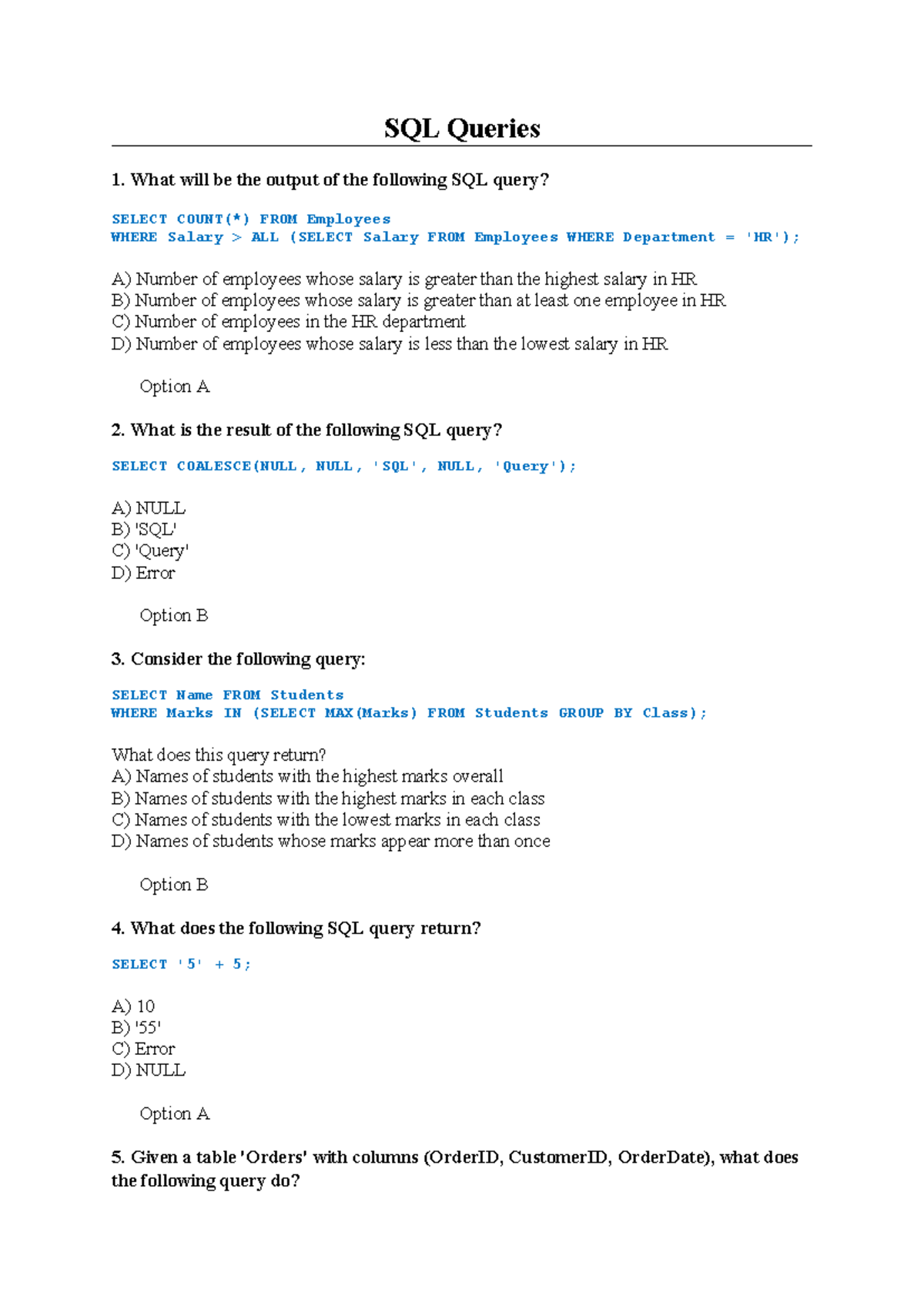 SQL Practices: Exam Questions on SQL Queries and Functions - Studocu
