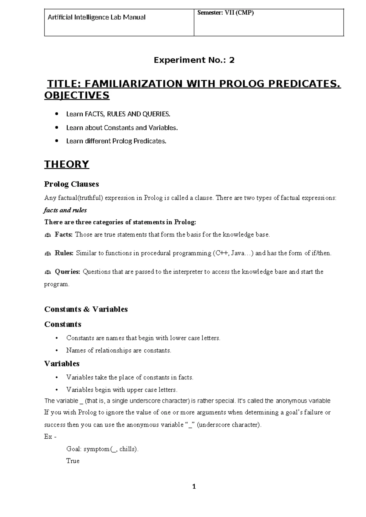 AI Lab 1 - Intro to Prolog: Concepts and Programming Structure - Studocu