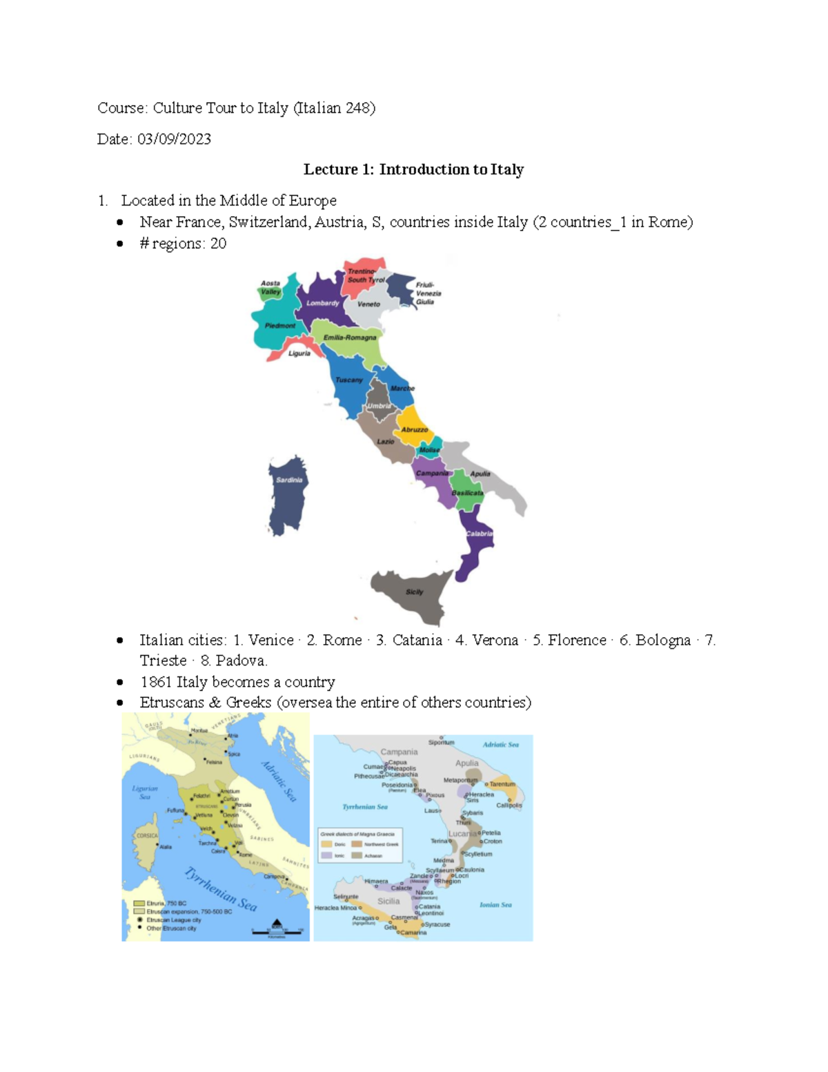 Lecture 1 Italy - Course: Culture Tour to Italy (Italian 248) Date: 03 ...