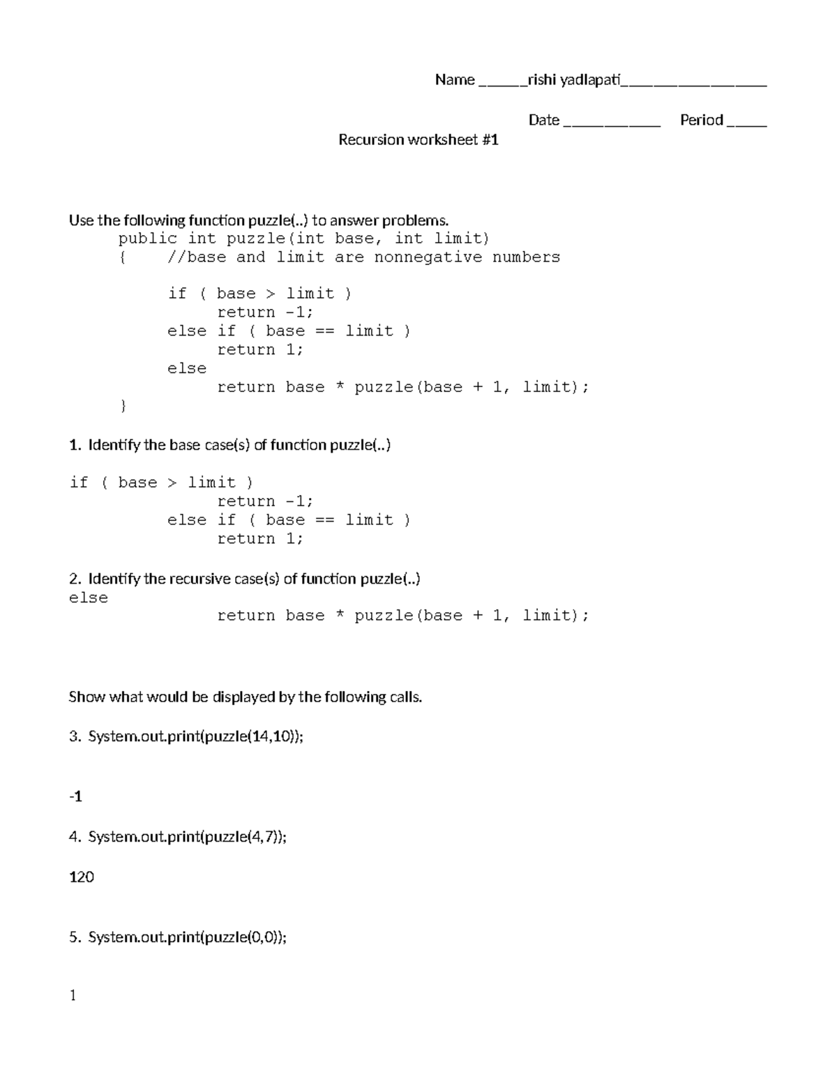 Recursion Worksheet: Analyzing Function Puzzle and Java Code - Studocu