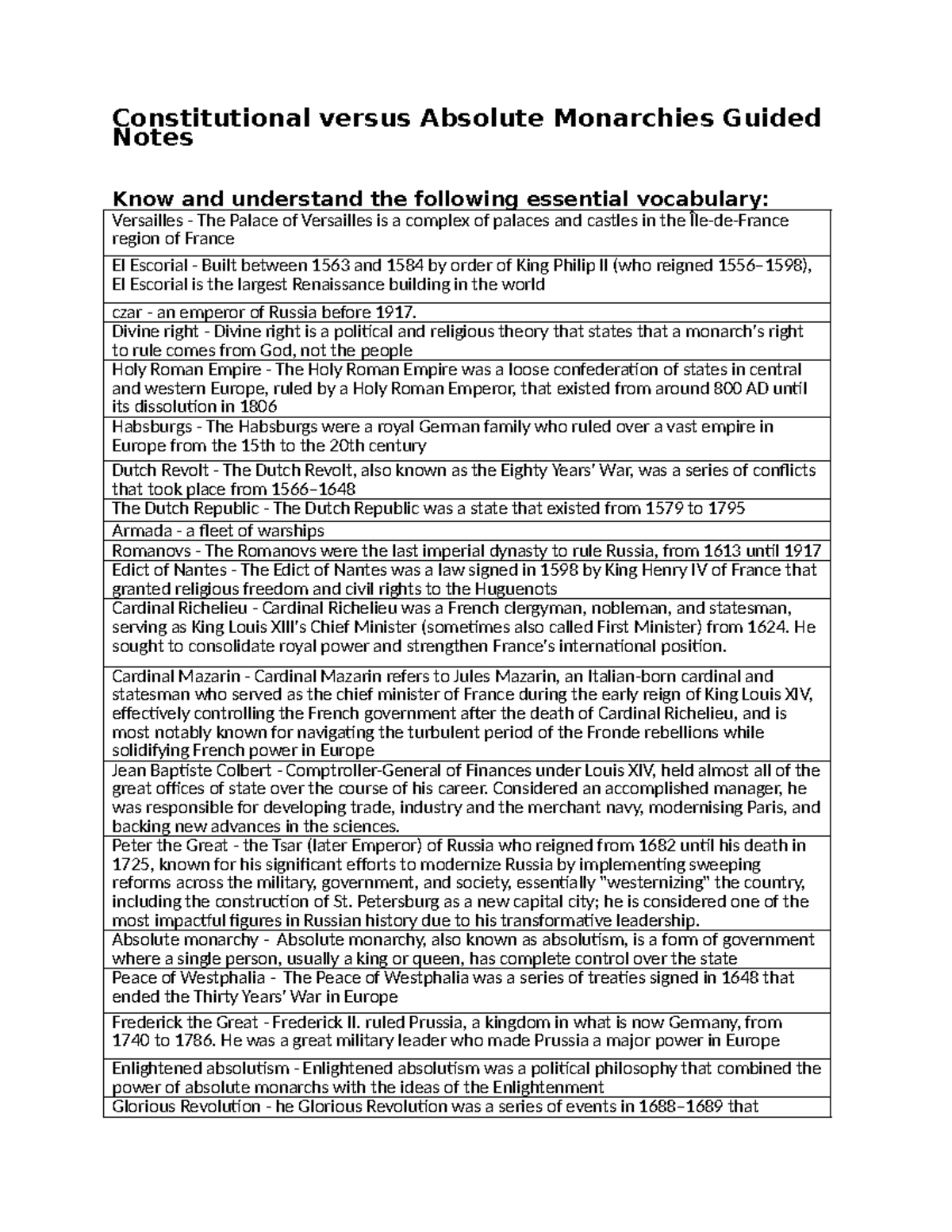 Guided Notes on Constitutional vs. Absolute Monarchies (HIST 101) - Studocu