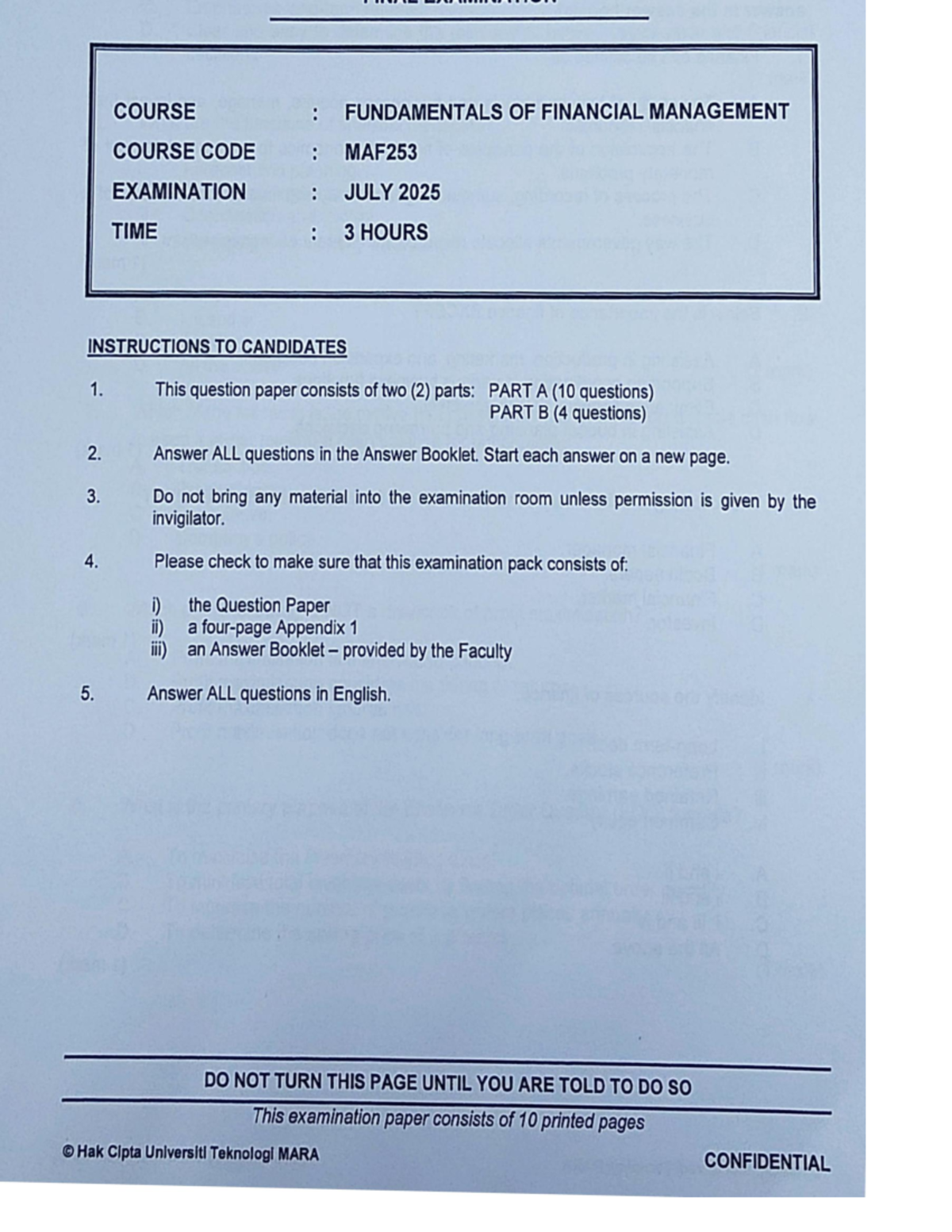 MAF253 Final Exam: Fundamentals of Financial Management (July 2025 ...