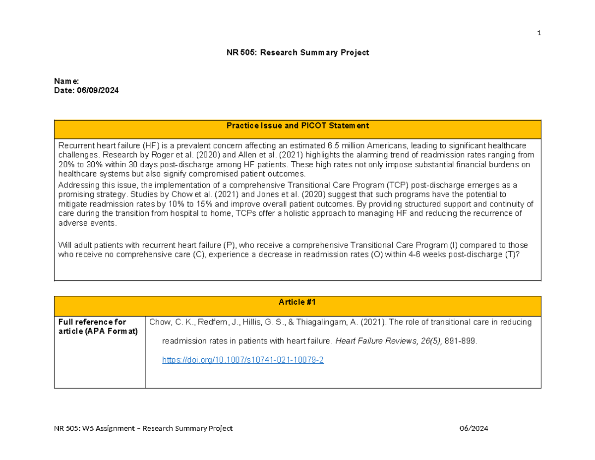 NR505 Wk 5 Research Project 777 - NR 505: Research Summary Project Name ...