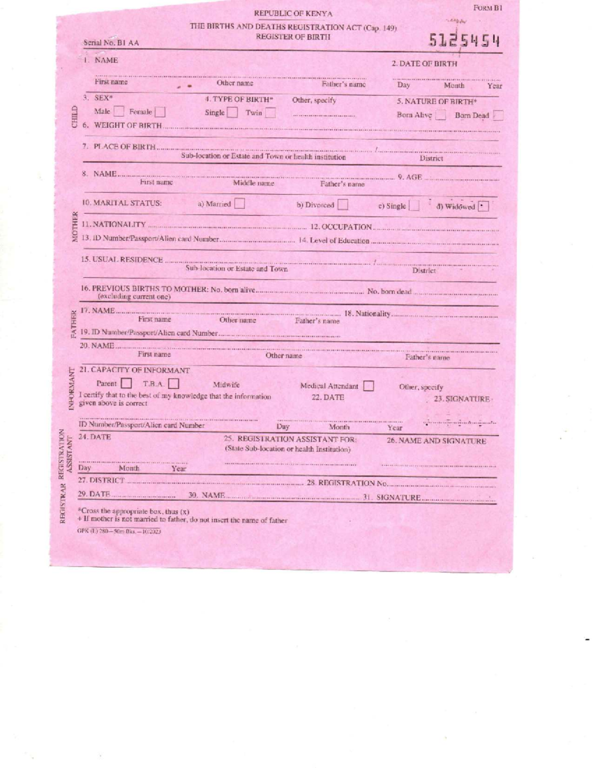 Pink Form Birth Certificate
