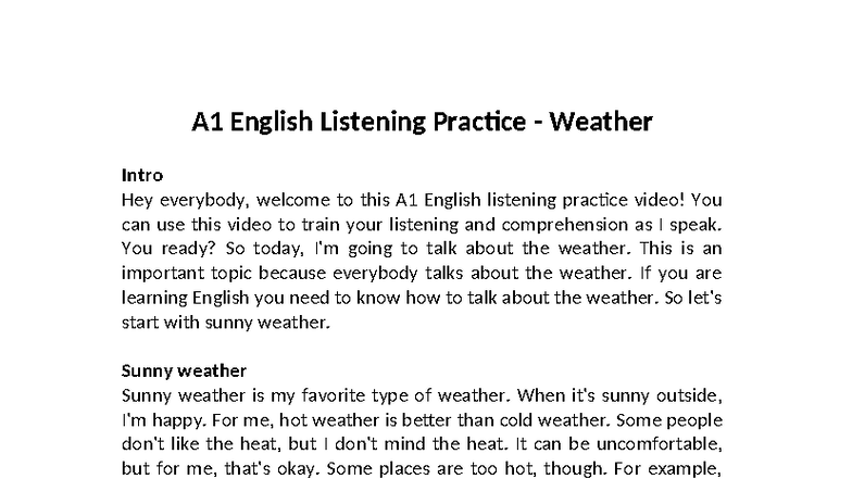 A1 English Listening Practice: Weather Discussion Script - Studocu