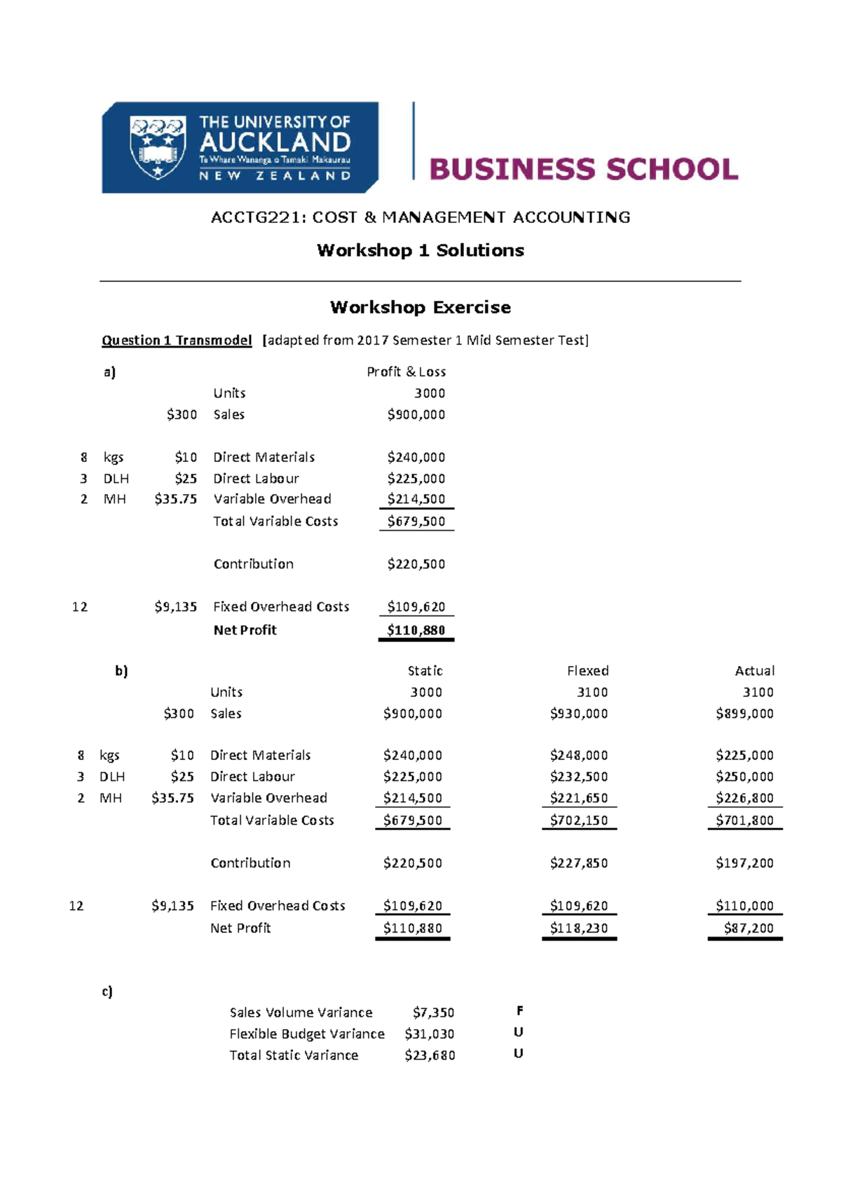 ACCTG221: Workshop 1 Solutions & Variance Analysis for S2 2022 - Studocu