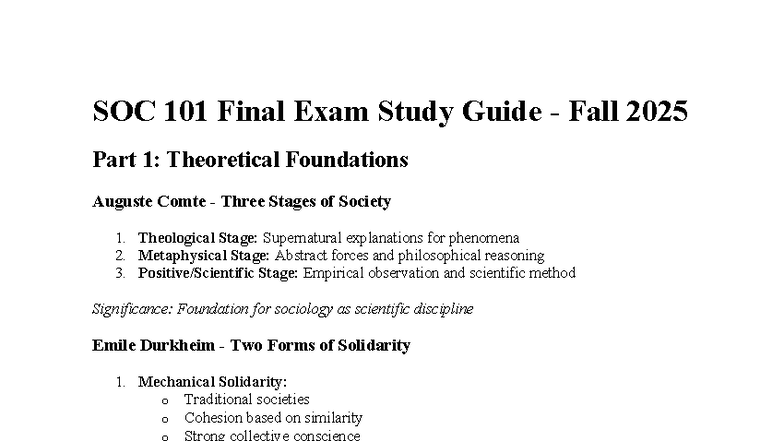 SOC 101 Final Exam Study Guide - Theoretical Foundations & Key Concepts ...