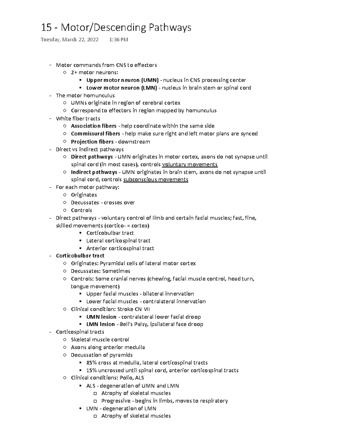 Motor-Descending Pathways - Motor commands from CNS to effectors 2 ...