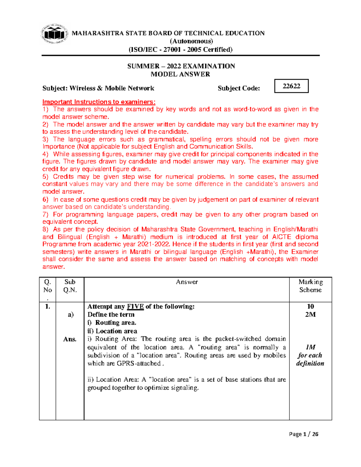 22622-S-22 - Wireless & Mobile Network Model Answer Paper - (Autonomous ...