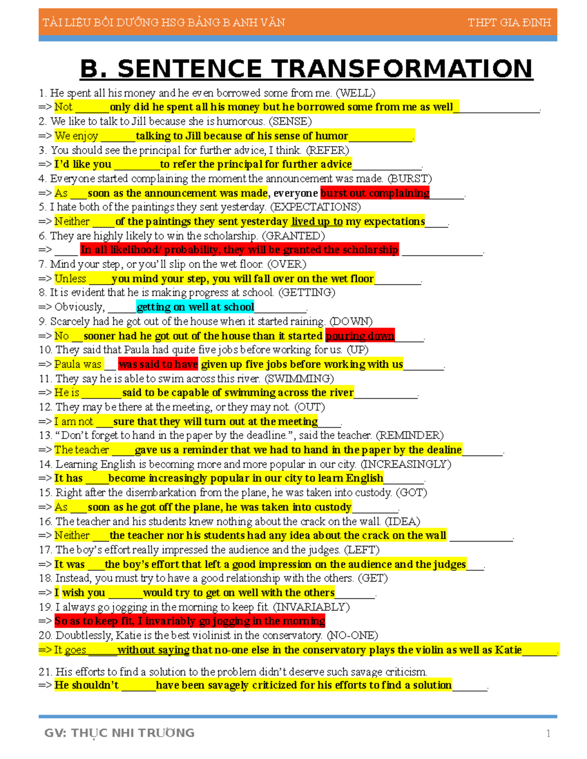 Trans 1 - Advanced English Sentence Transformation Exercises - Studocu