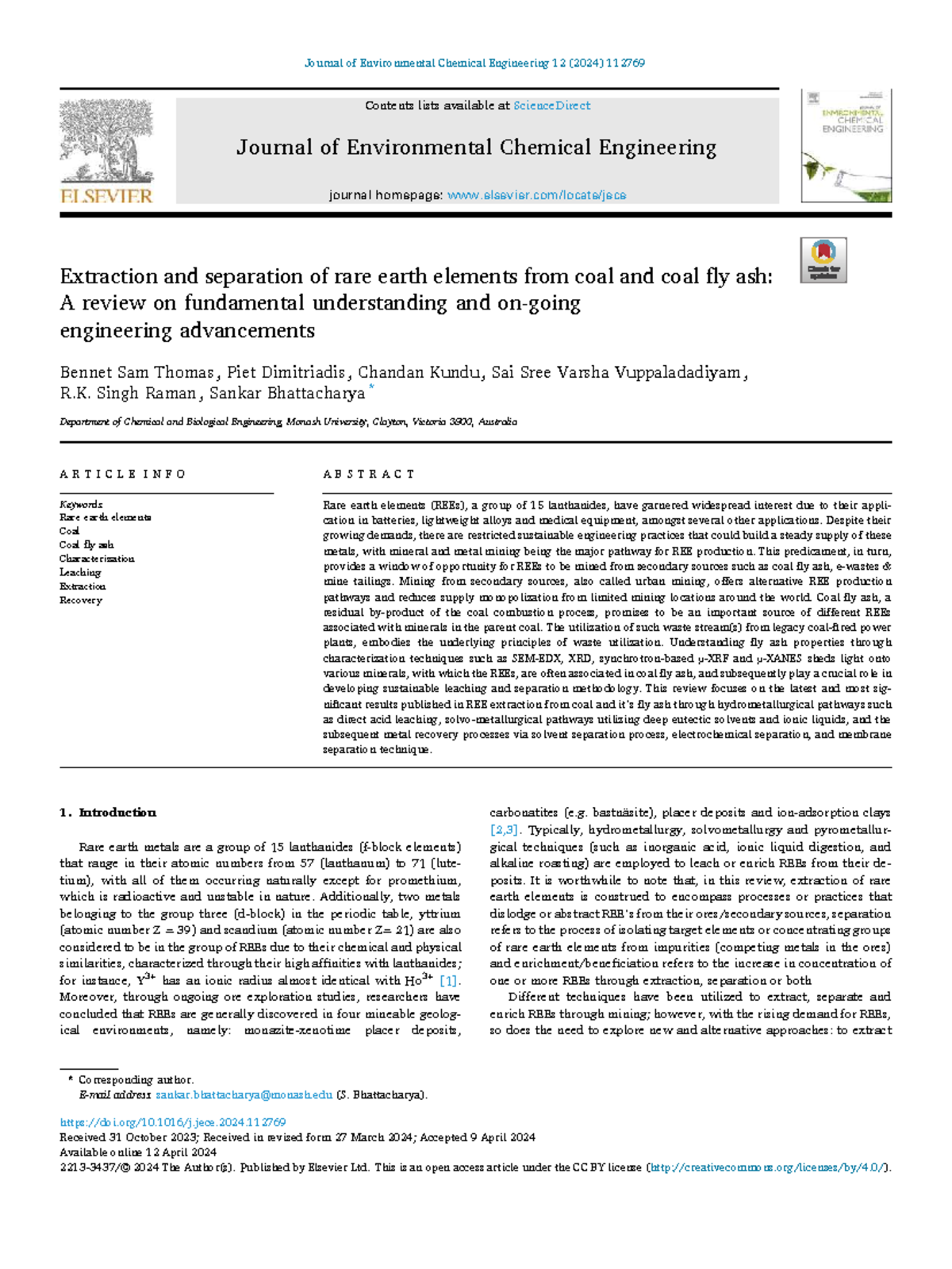 Extraction and Separation of Rare Earth Elements from Coal Fly Ash: A ...