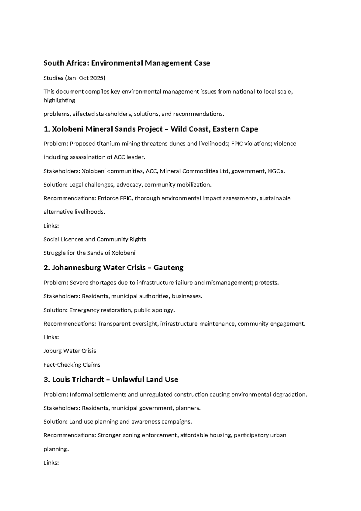 South Africa Environmental Management Case Studies (2025) - Studocu