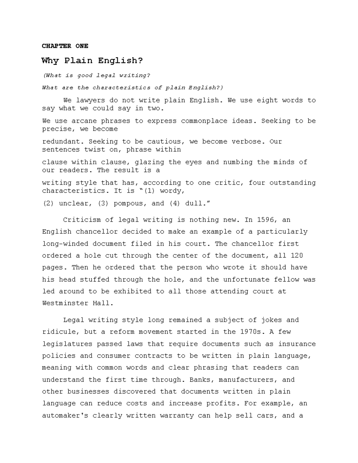 CHAPTER ONE: The Importance of Plain English in Legal Writing - Studocu