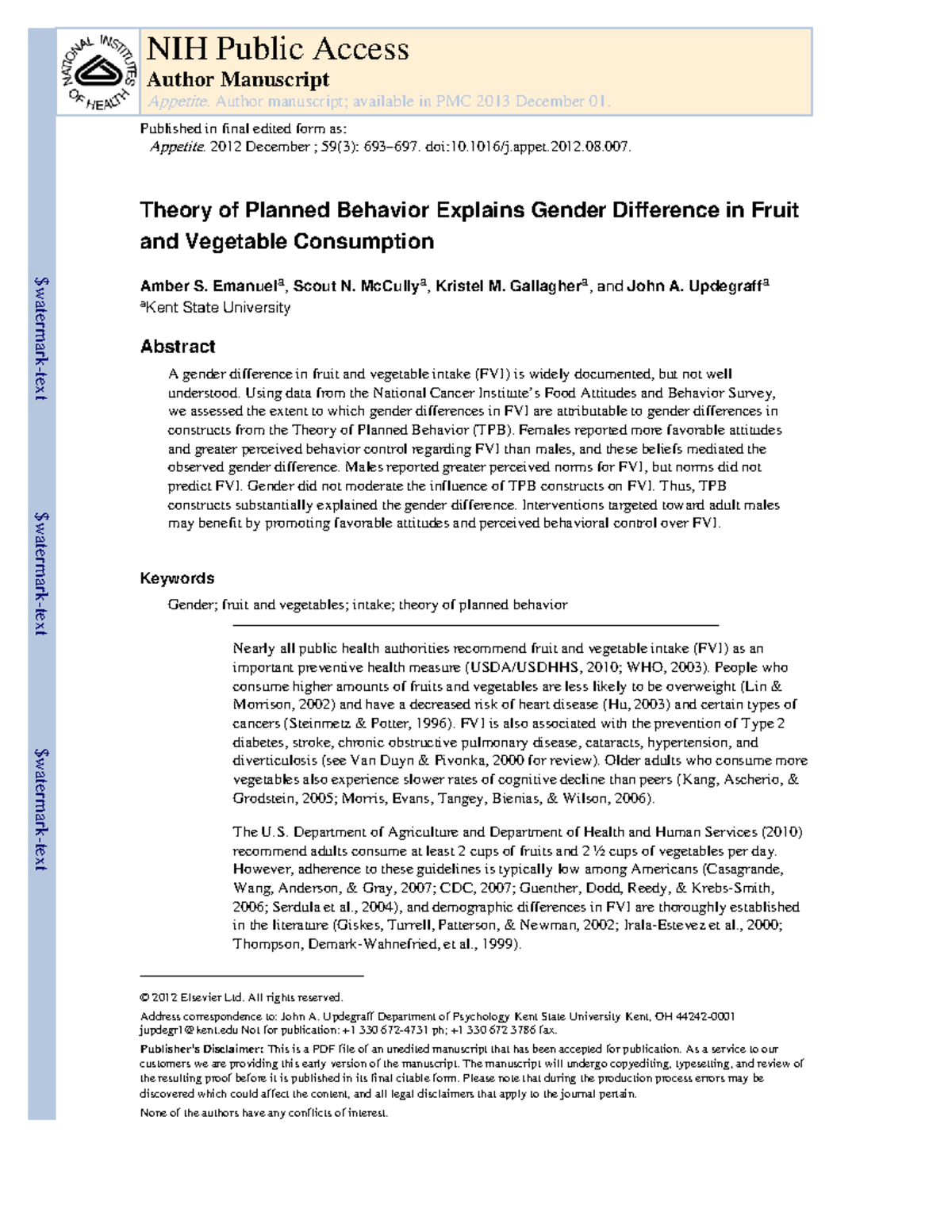 Theory of Planned Behavior and Gender Differences in Fruit Intake - Studocu