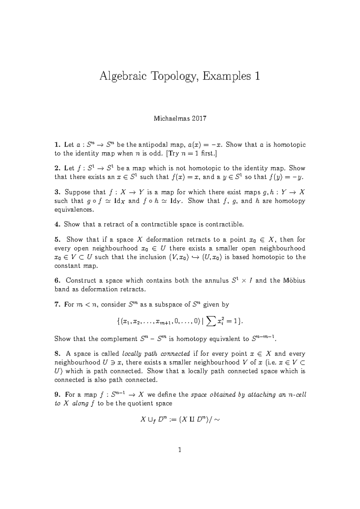 Algebraic Topology 2017-2018 Example Sheet 1 - Algebraic Topology ...
