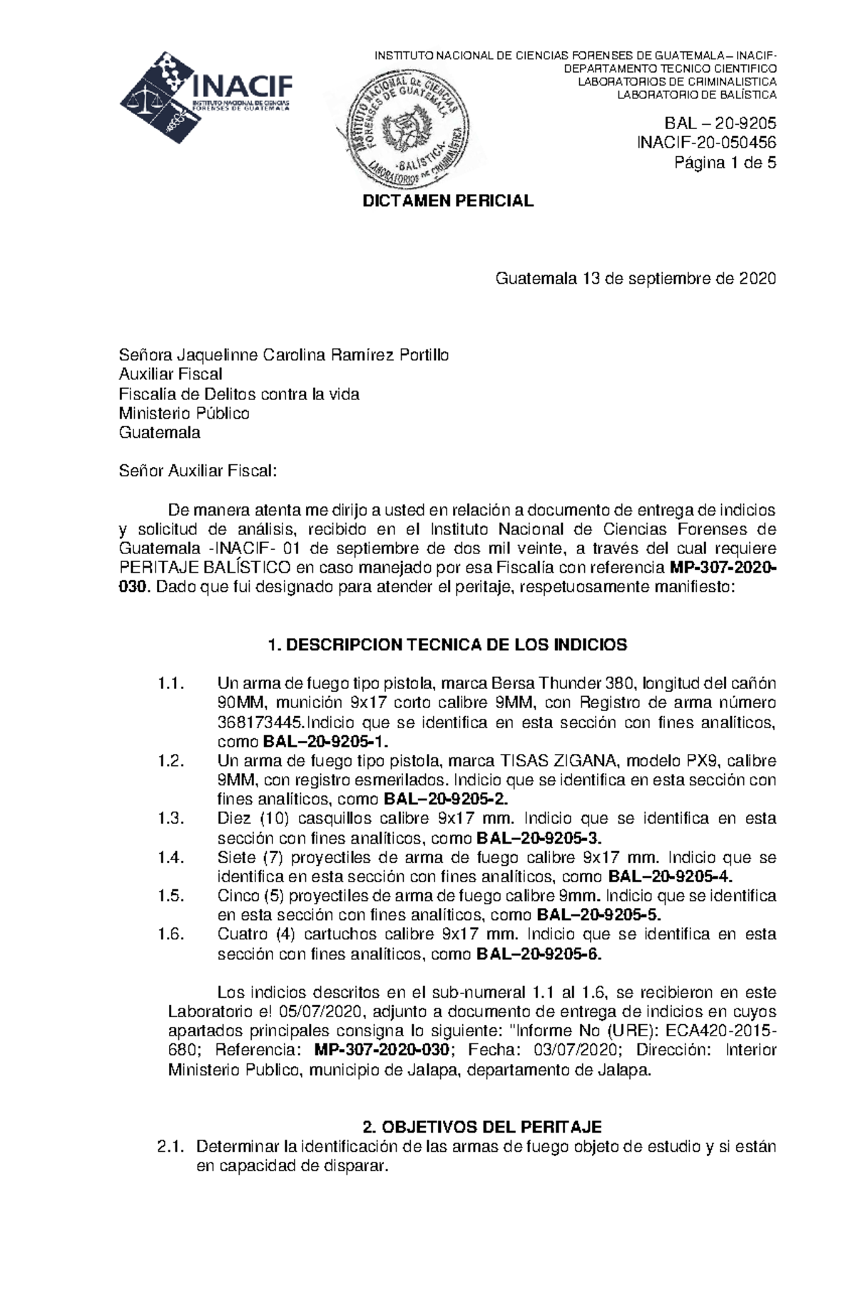 Peritaje Balístico en Caso MP-307-2020-030 - INACIF-20 - Studocu