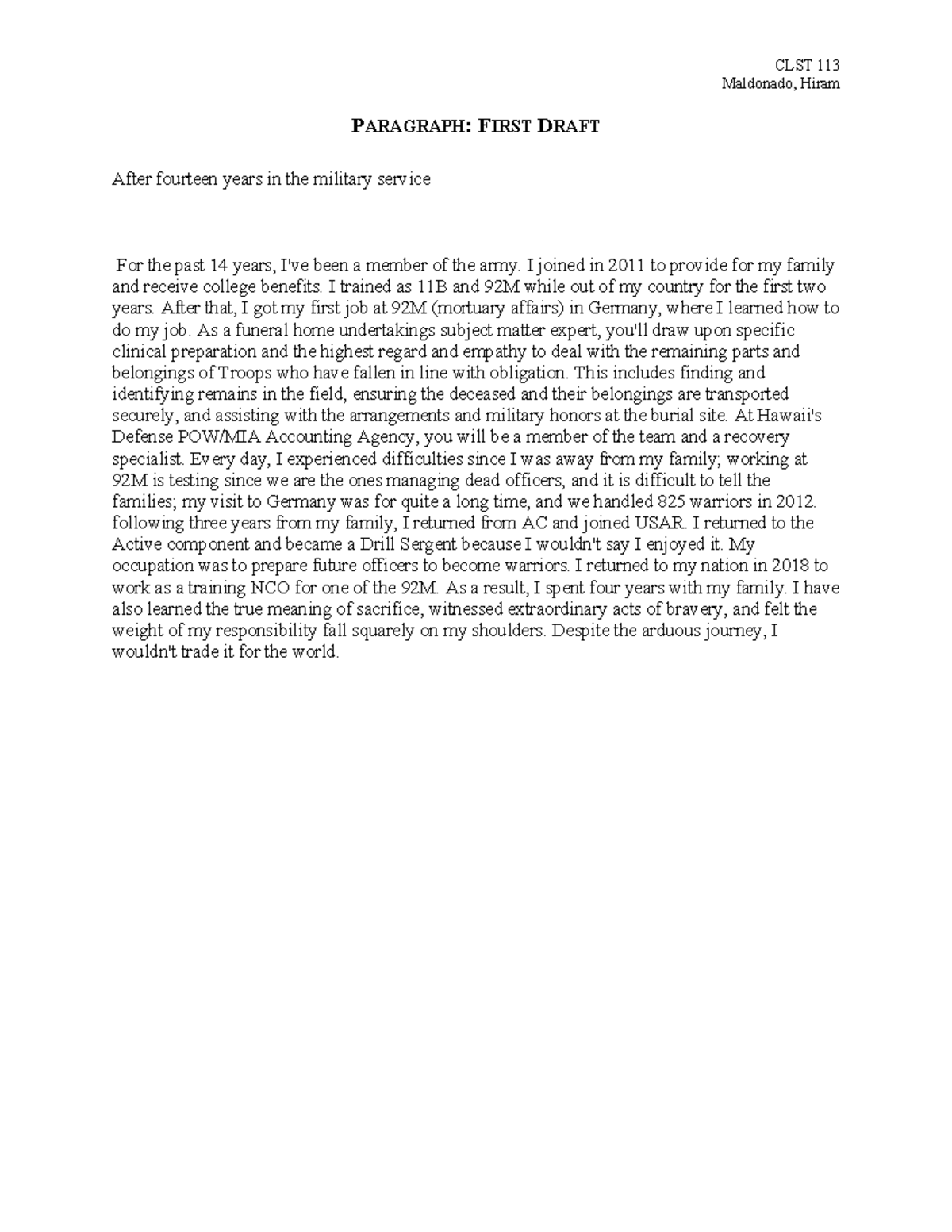 CLST 113: Paragraph First Draft - Military Service Reflection - Studocu