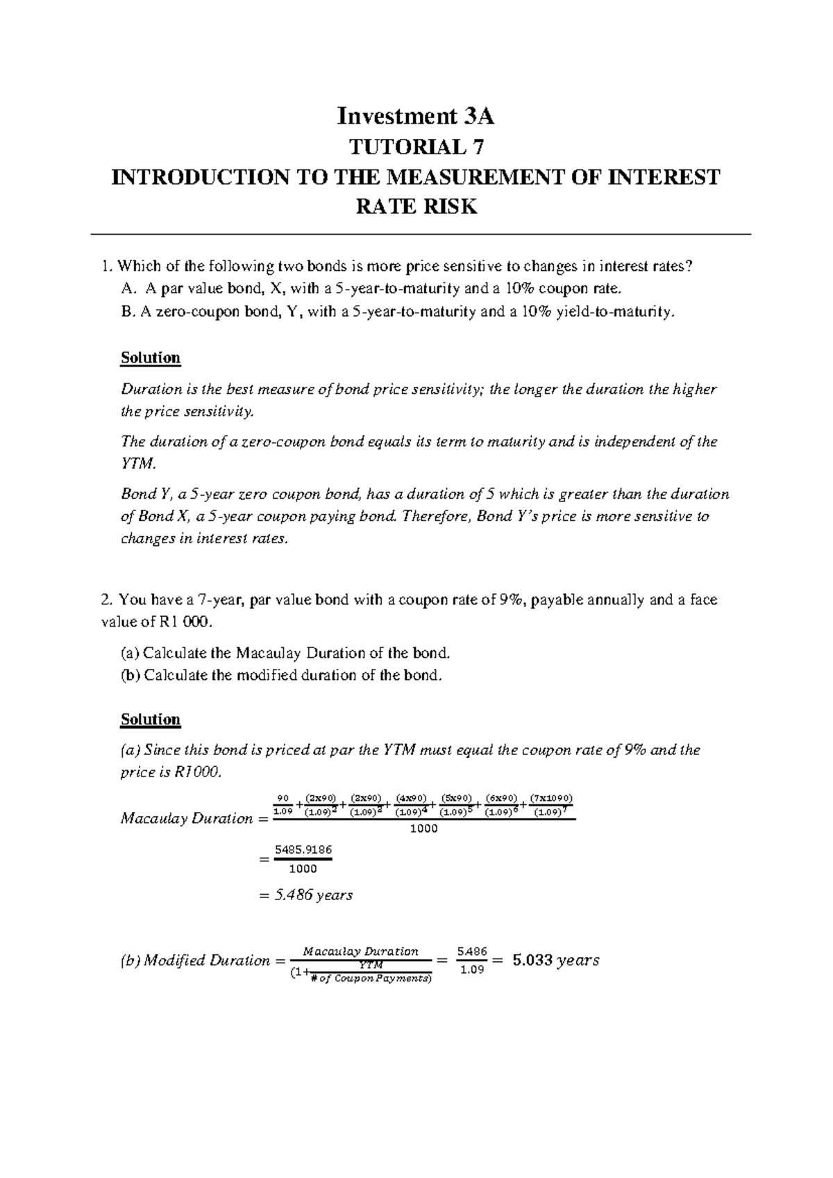 Investment 3A Tutorial 7: Duration & Convexity in Bond Pricing - Studocu