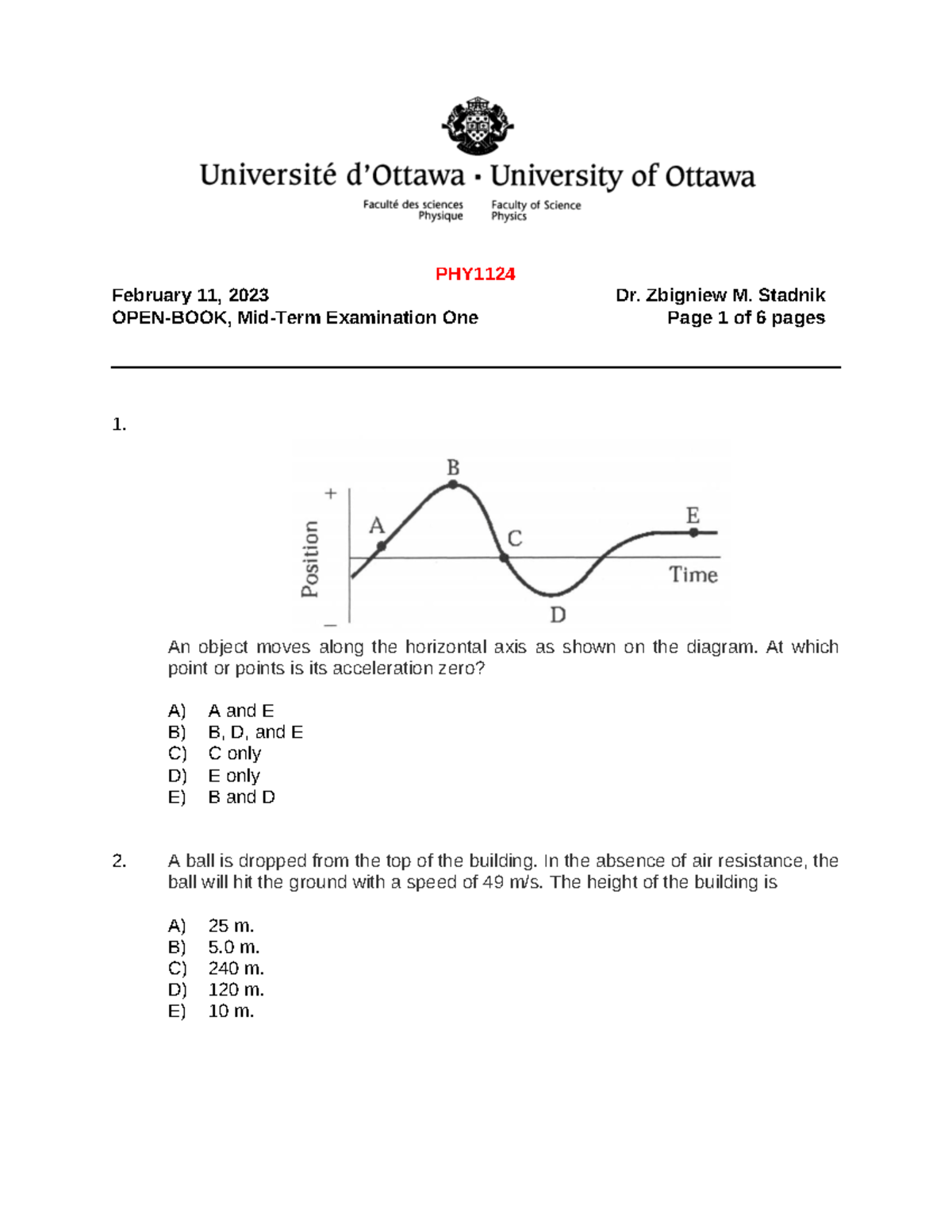 PHY1124 Midterm Exam 1 Solutions - Winter 2023 - Studocu