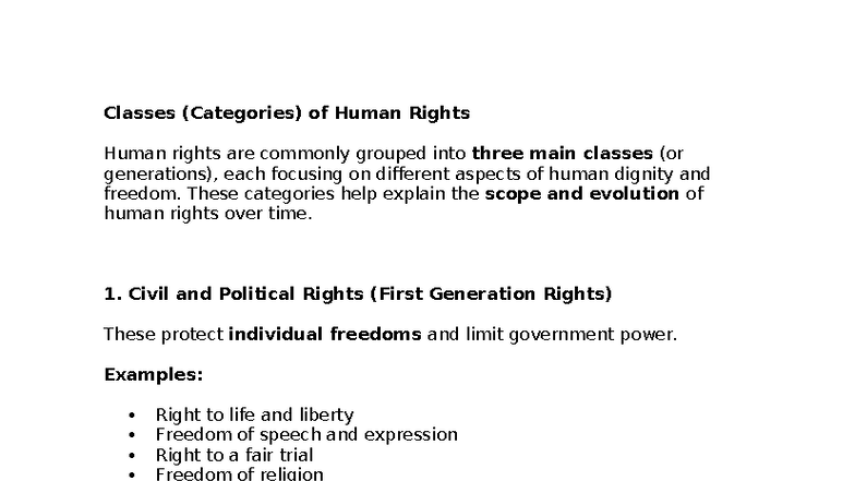 Classification of Human Rights: Categories and Generations - Studocu