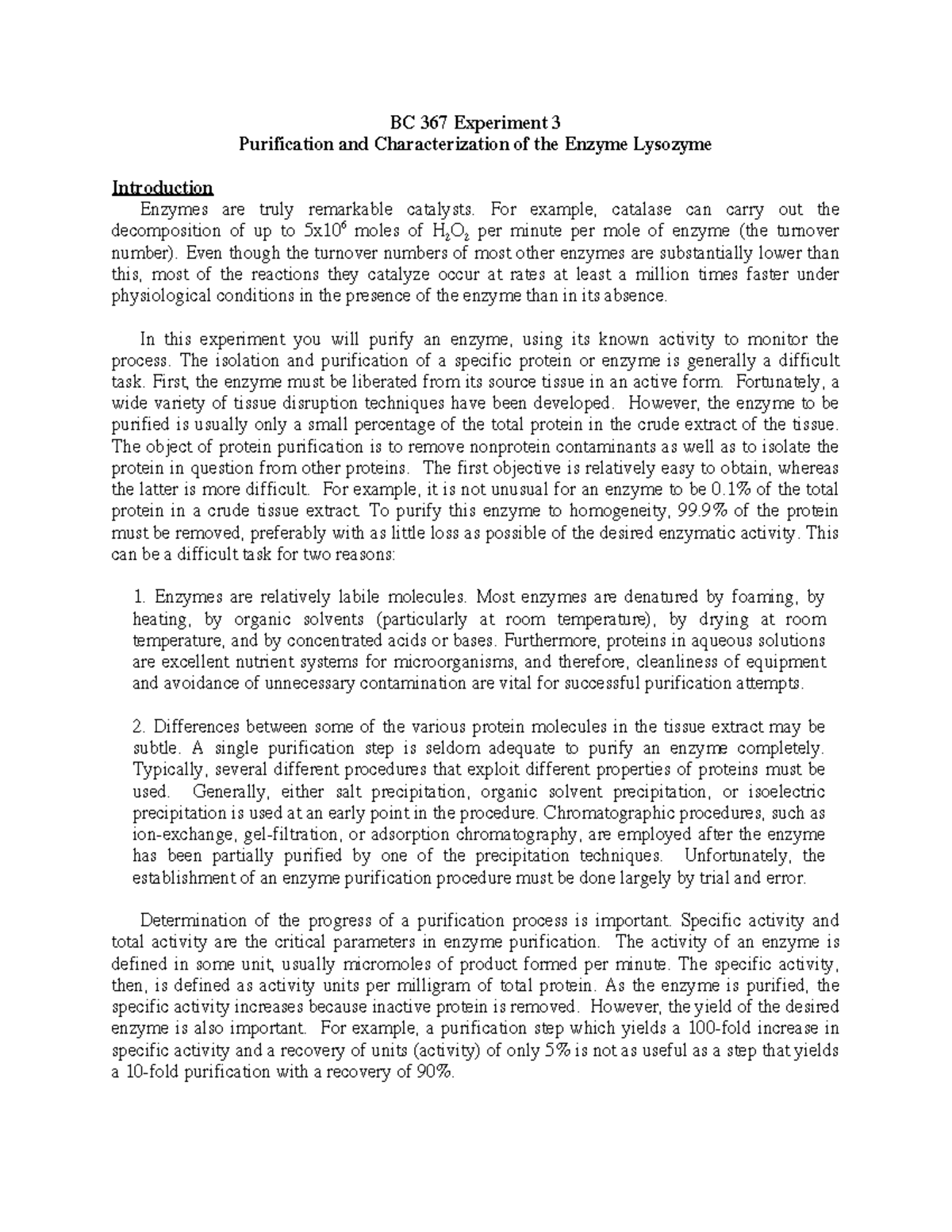 Purification and Characterization of Lysozyme: BC 367 Experiment 3 ...
