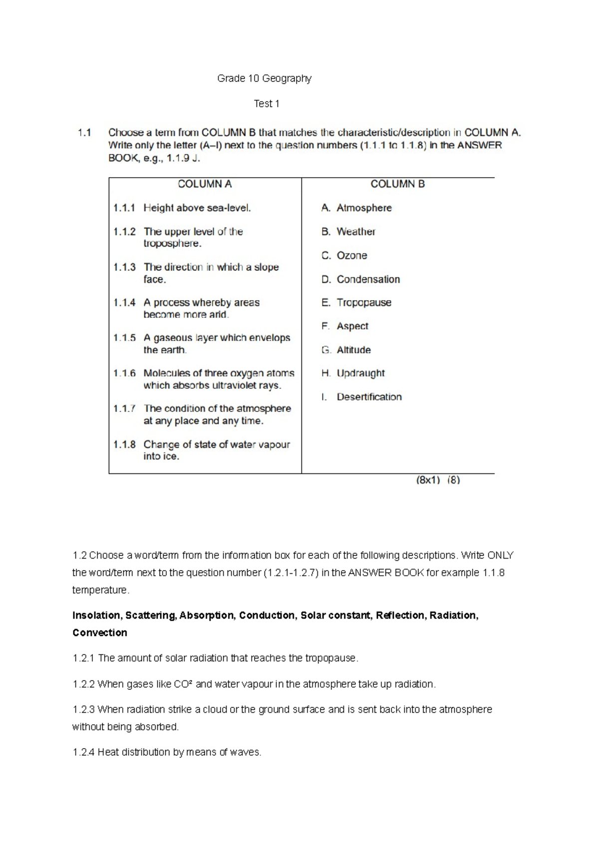 Grd 10 Geo Test - Geography Practice Questions & Answers - Studocu