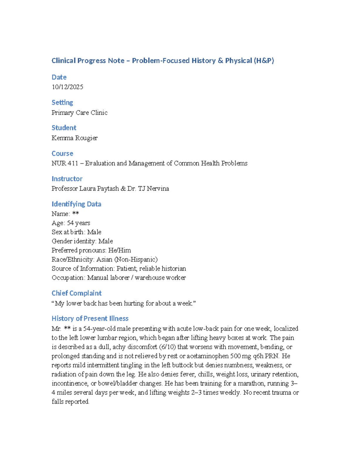 NUR 411 Clinical Progress Note: Problem Focused History & Physical ...