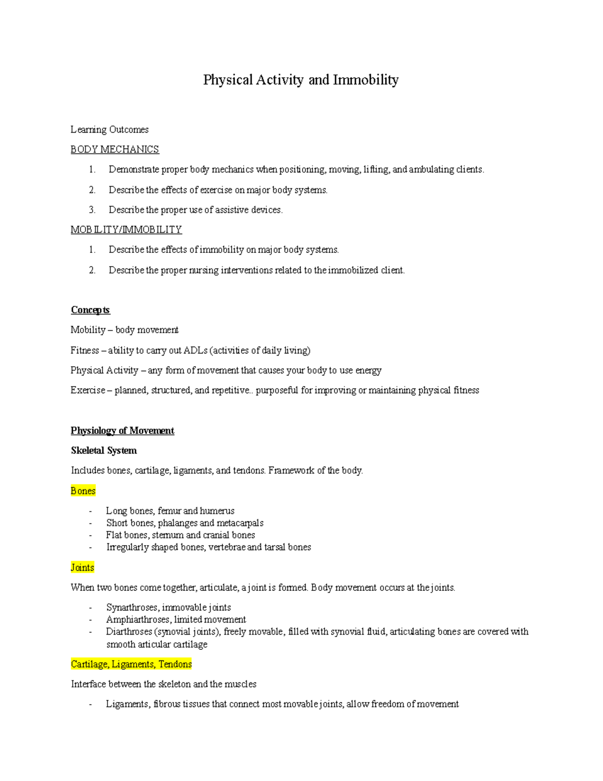 Activity and Mobility Notes - Physical Activity and Immobility Learning ...
