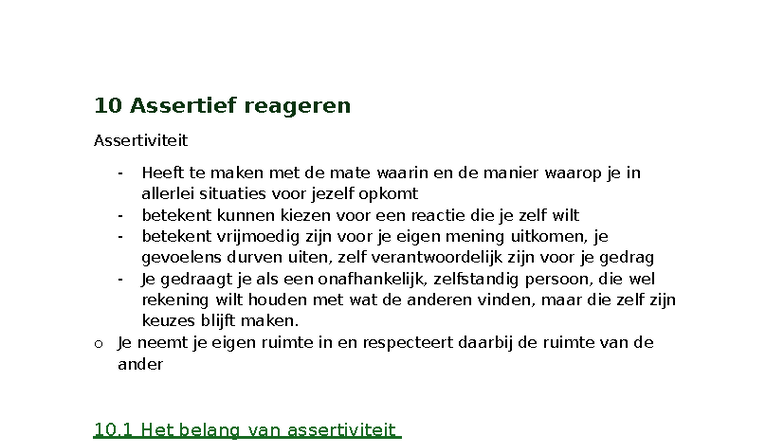 10 Assertief Reageren - Samenvatting van Kernconcepten - Studocu