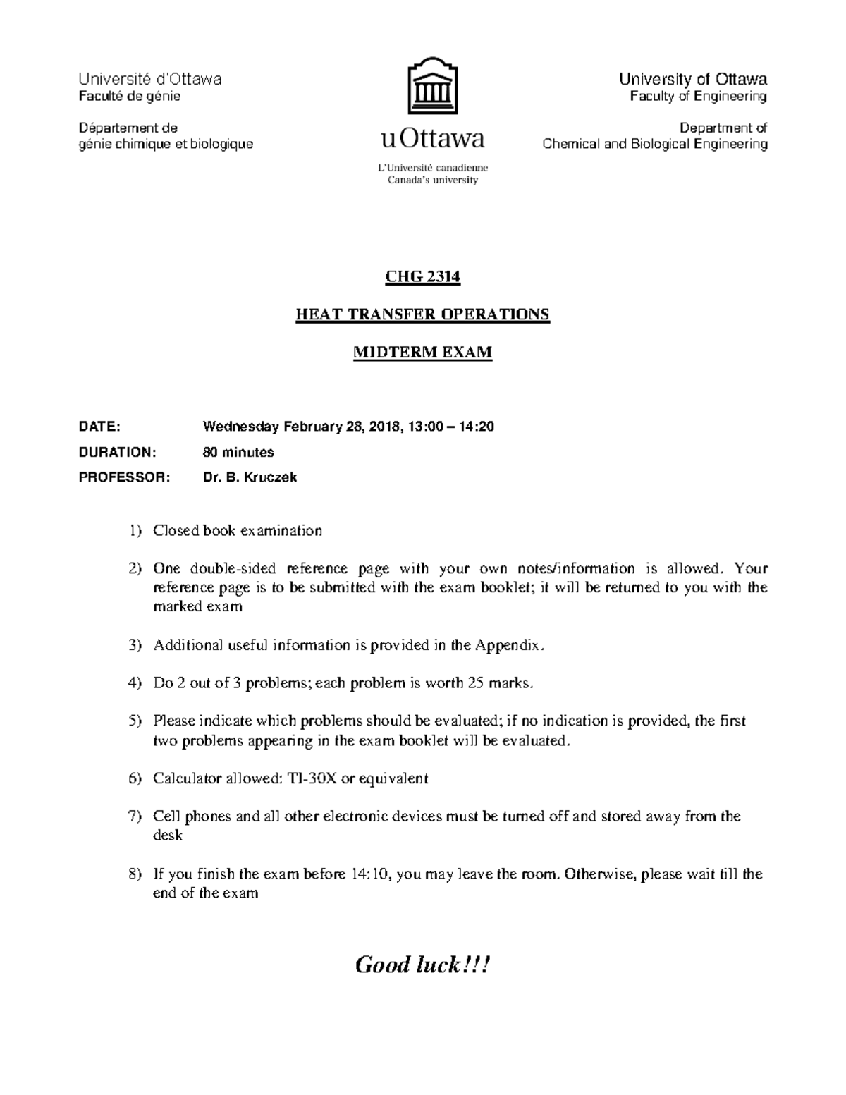 CHG 2314 Heat Transfer Operations Midterm Exam 2018 - Studocu