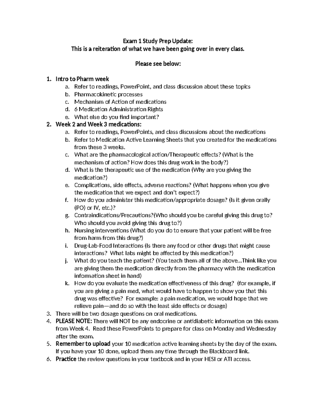 NUR 101: Exam 1 Study Prep & Key Medication Topics - Studocu