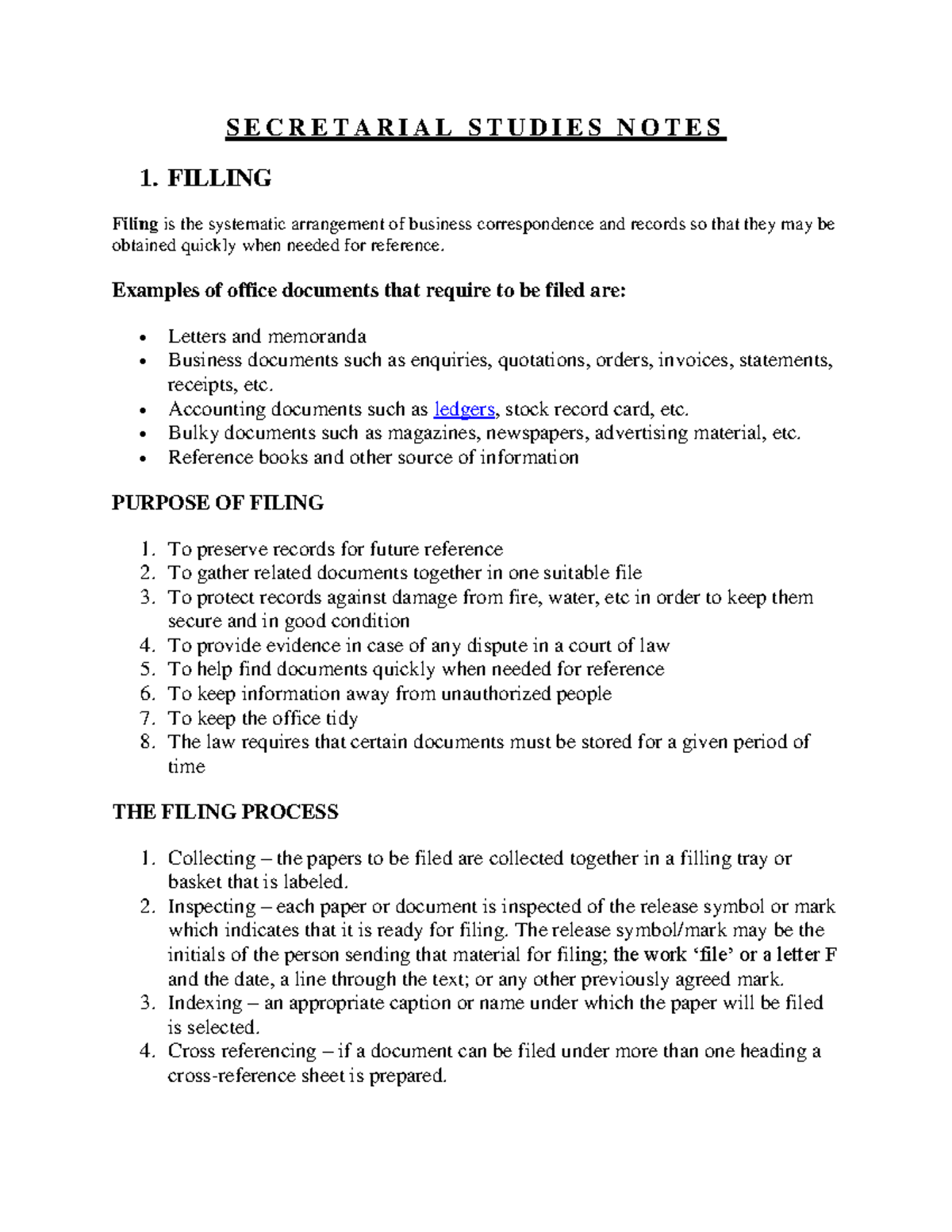 Secretarial Studies - Comprehensive Filing System Notes - Studocu